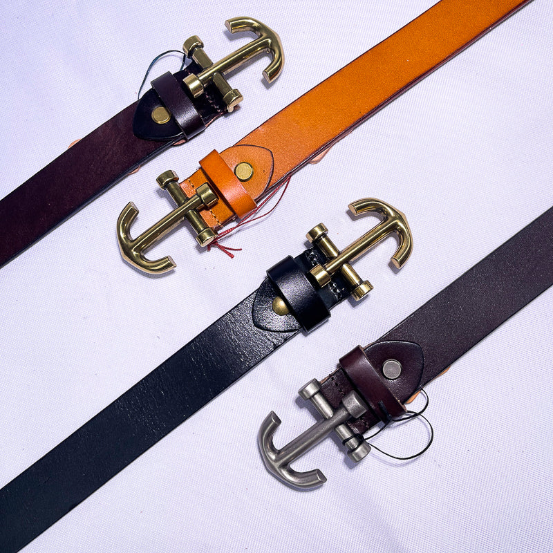 Men's Genuine Black Leather Belt – Gold Anchor Buckle